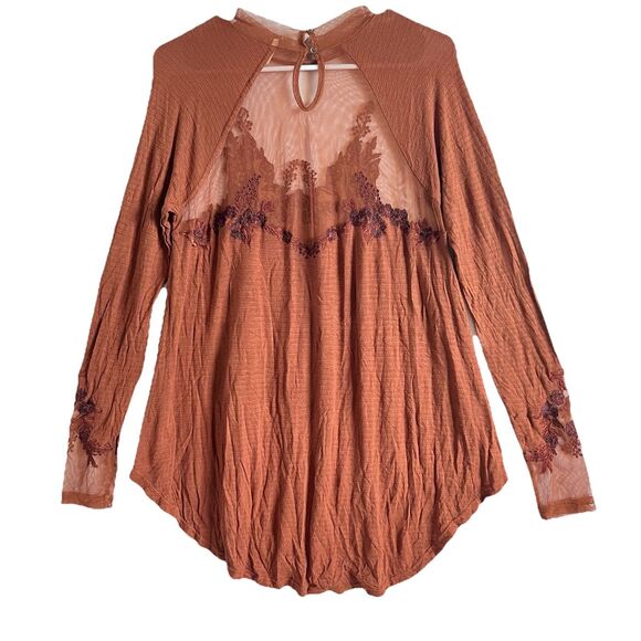 Free People Saheli Brown Long Sleeve Shee Yoke Embroidered Trim Blouse Womens S - Picture 4 of 12
